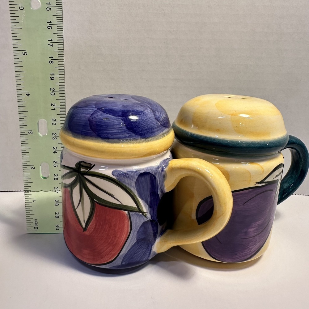 VTG WGL Hand Painted Mug Shaped Salt Pepper Shakers Floral Ceramic Set 2